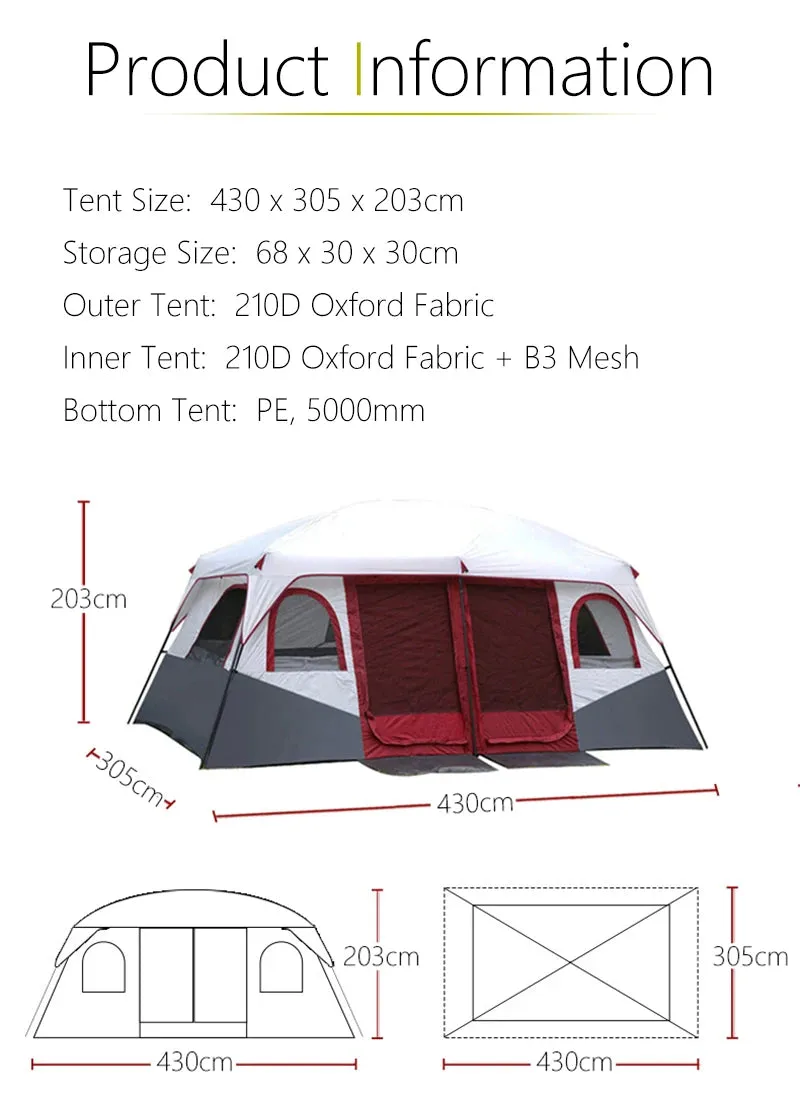12 Person Automatic Camping Tent Portable Waterproof Backpacking Tent Double Doors and Double Window for Outdoor Equipment