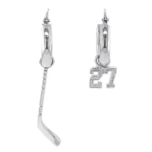 15mm Hoop Earrings with Any Jersey Number Charm and Left Handed Hockey Stick Charm in 14k White Gold