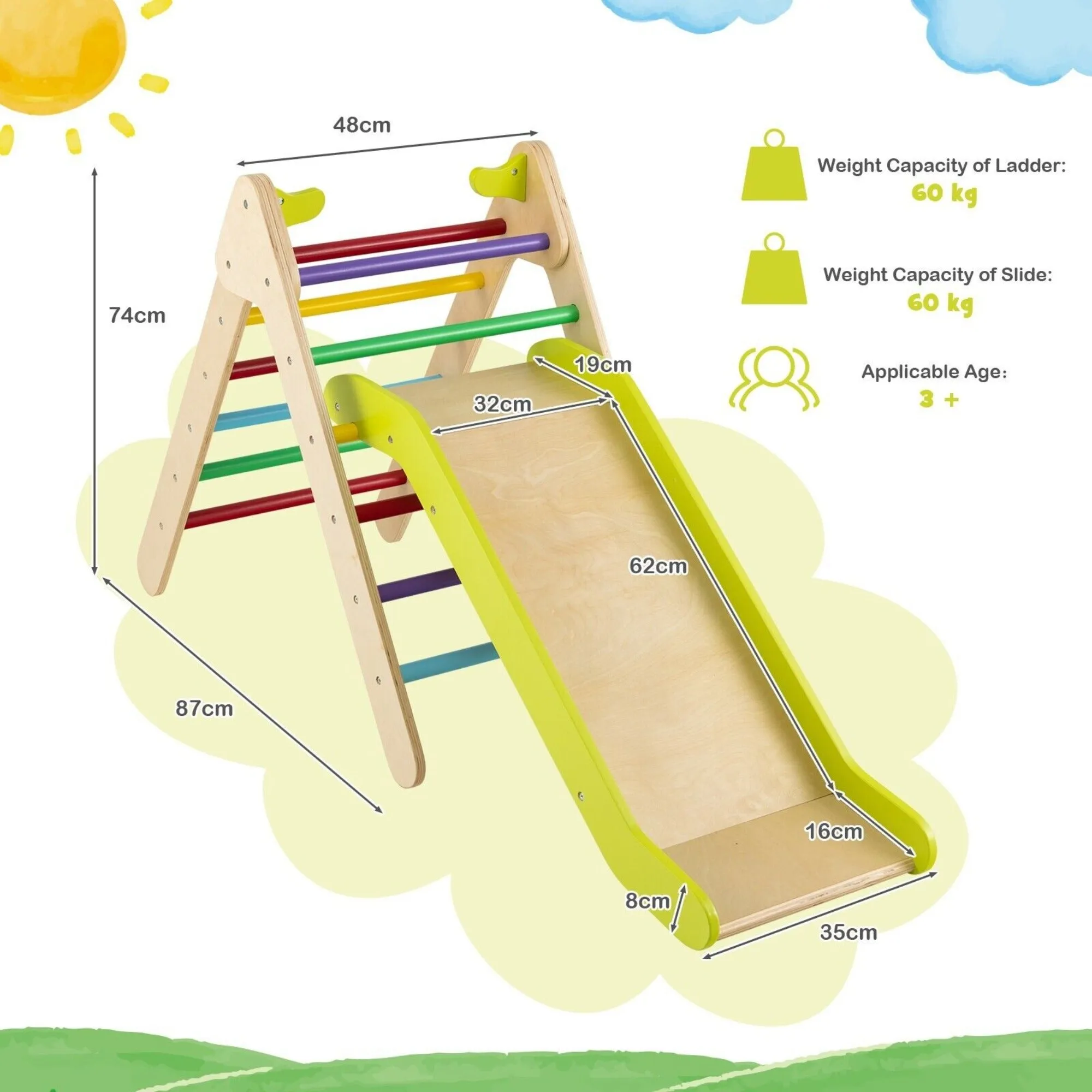 2-in-1 Children's Eco Wood Climbing Frame | Montessori Pikler Triangle, Slide & Climber