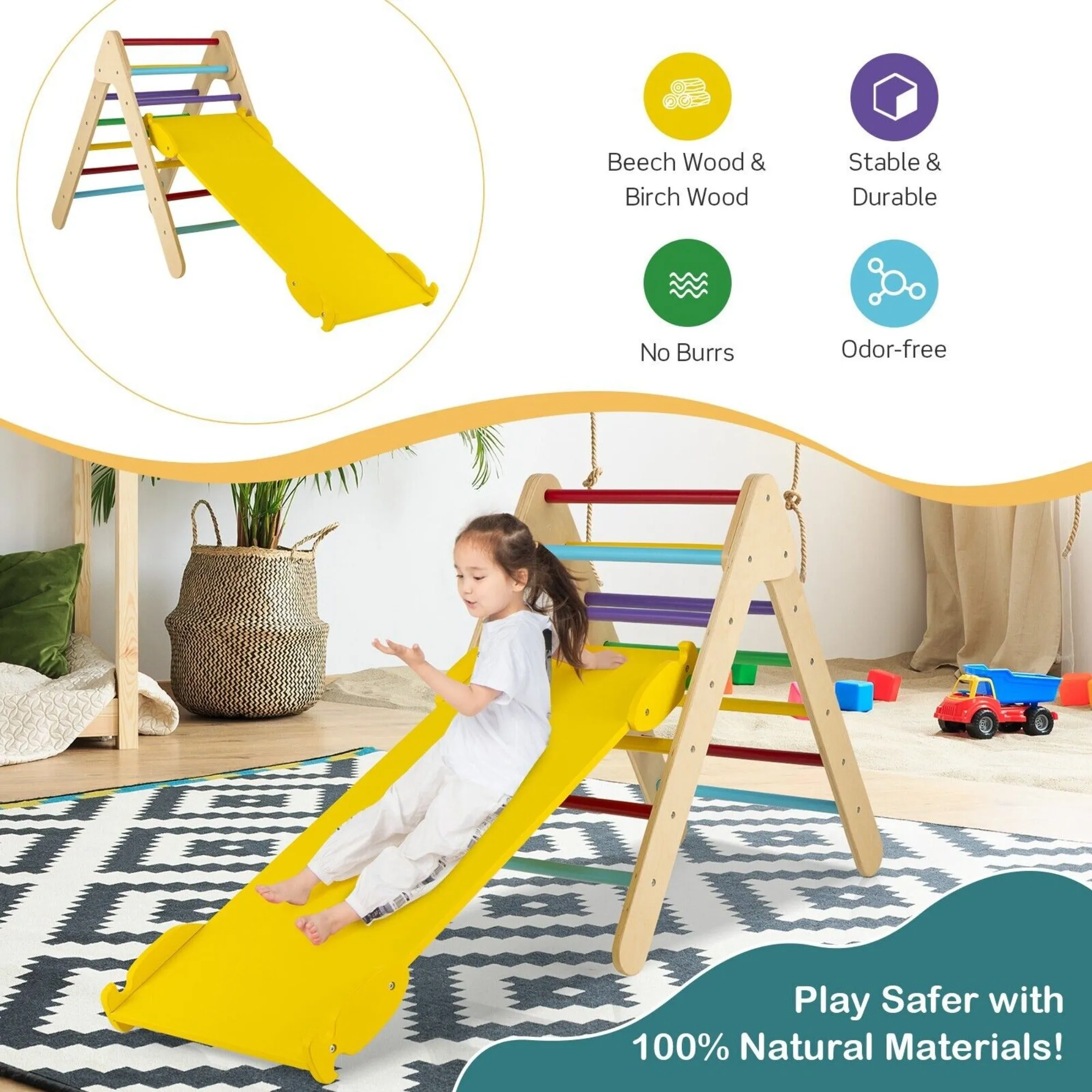 3-in-1 Children's Eco Wood Climbing Frame | Montessori Pikler Triangle, Slide & Climber