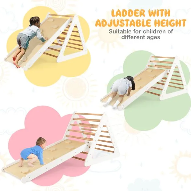 4-in-1 Deluxe Eco Montessori Pikler Triangle, Slide & Climbing Wall | Natural & White