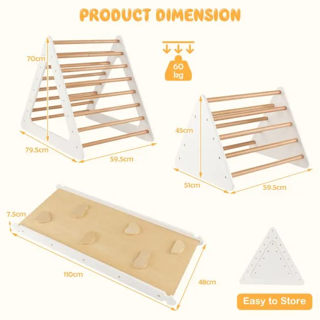 4-in-1 Deluxe Eco Montessori Pikler Triangle, Slide & Climbing Wall | Natural & White