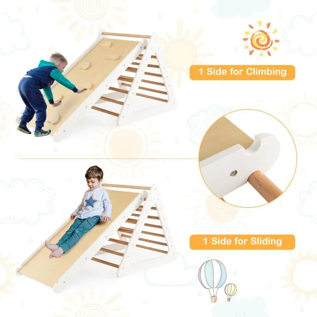 4-in-1 Deluxe Eco Montessori Pikler Triangle, Slide & Climbing Wall | Natural & White