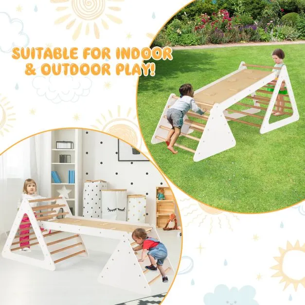 4-in-1 Deluxe Eco Montessori Pikler Triangle, Slide & Climbing Wall | Natural & White