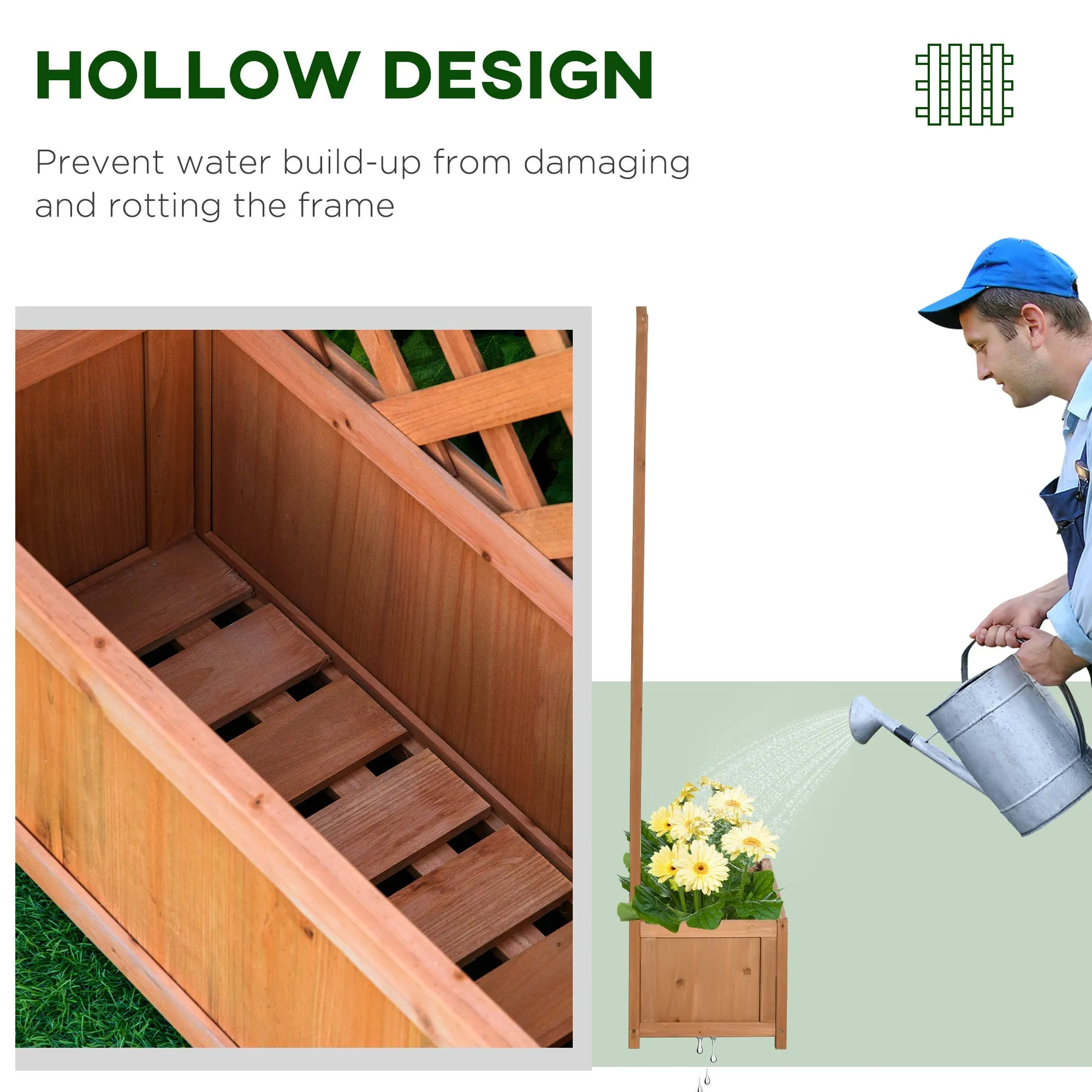 53L Garden Wooden Planter Box with Trellis Free Standing Flower Raised Bed with Lattice for Climbing Plants