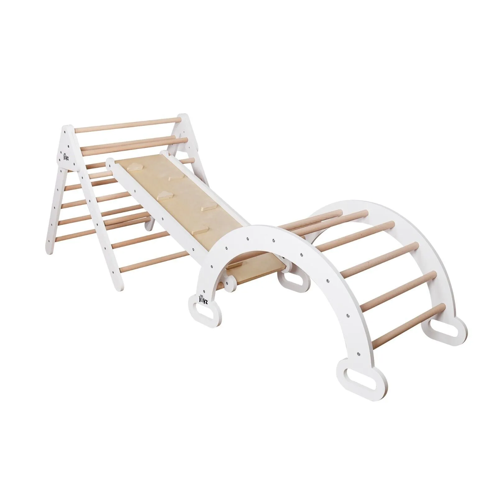 6-in-1 Children's Eco Wood Climbing Frame | Montessori Pikler Set | Arch | Rocker | Slide | Climbing Triangle | Den | White/Natural