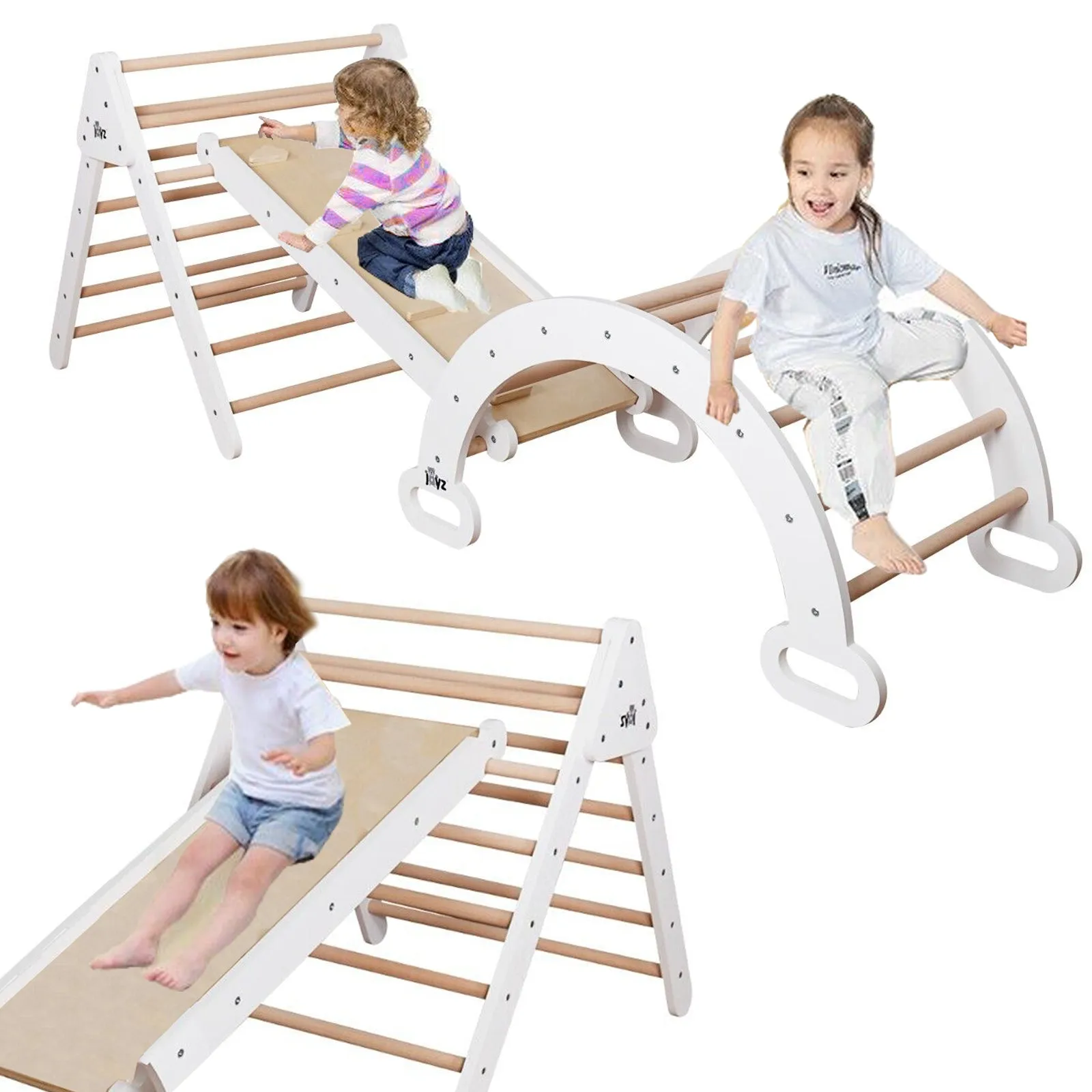 6-in-1 Children's Eco Wood Climbing Frame | Montessori Pikler Set | Arch | Rocker | Slide | Climbing Triangle | Den | White/Natural