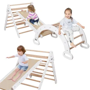6-in-1 Children's Eco Wood Climbing Frame | Montessori Pikler Set | Arch | Rocker | Slide | Climbing Triangle | Den | White/Natural
