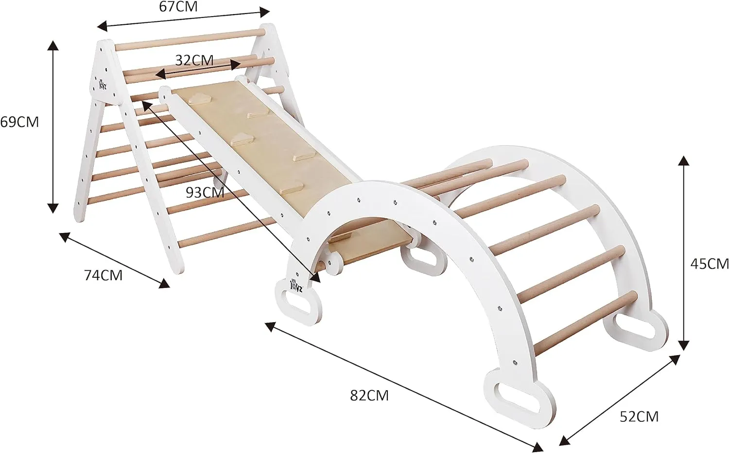 6-in-1 Children's Eco Wood Climbing Frame | Montessori Pikler Set | Arch | Rocker | Slide | Climbing Triangle | Den | White/Natural