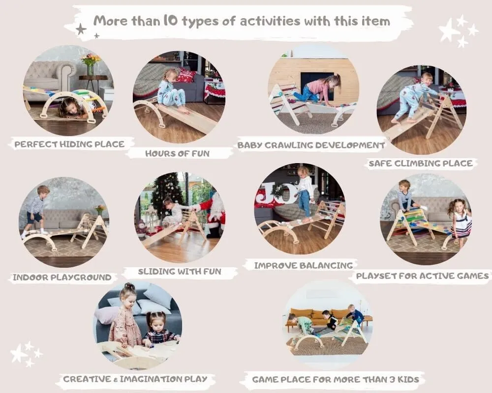 6-in-1 Children's Eco Wood Climbing Frame | Montessori Pikler Set | Arch | Rocker | Slide | Climbing Triangle | Den | White/Natural