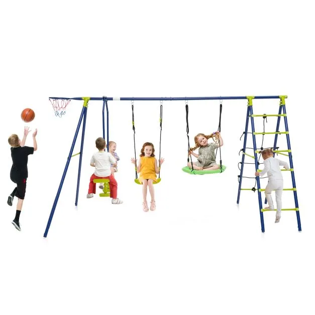 6-in-1 Heavy Duty Anti-Rust Pikler Swing Set | Climbing Ladder | Seesaw | Basketball Hoop | Green | 3-12 Years