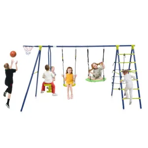 6-in-1 Heavy Duty Anti-Rust Pikler Swing Set | Climbing Ladder | Seesaw | Basketball Hoop | Green | 3-12 Years
