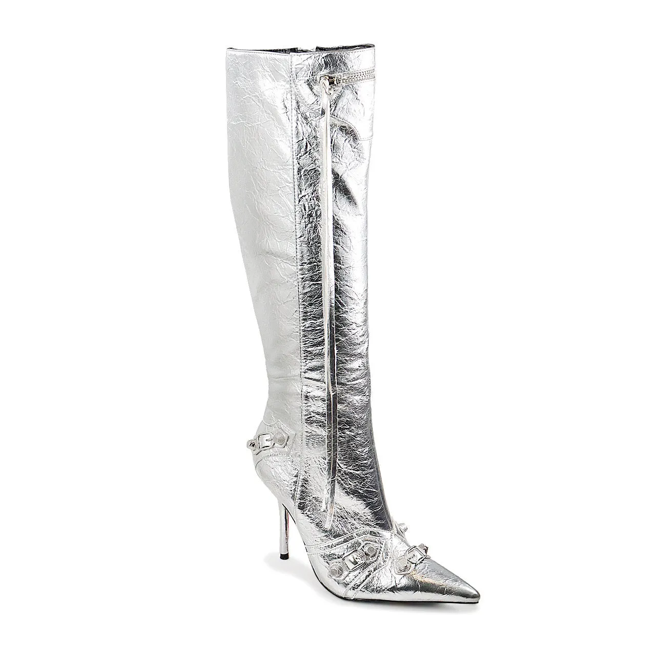 BEXIE-3/2024 Silver Faux Leather Boot Knee High Boot with Tassel Zipper Detail