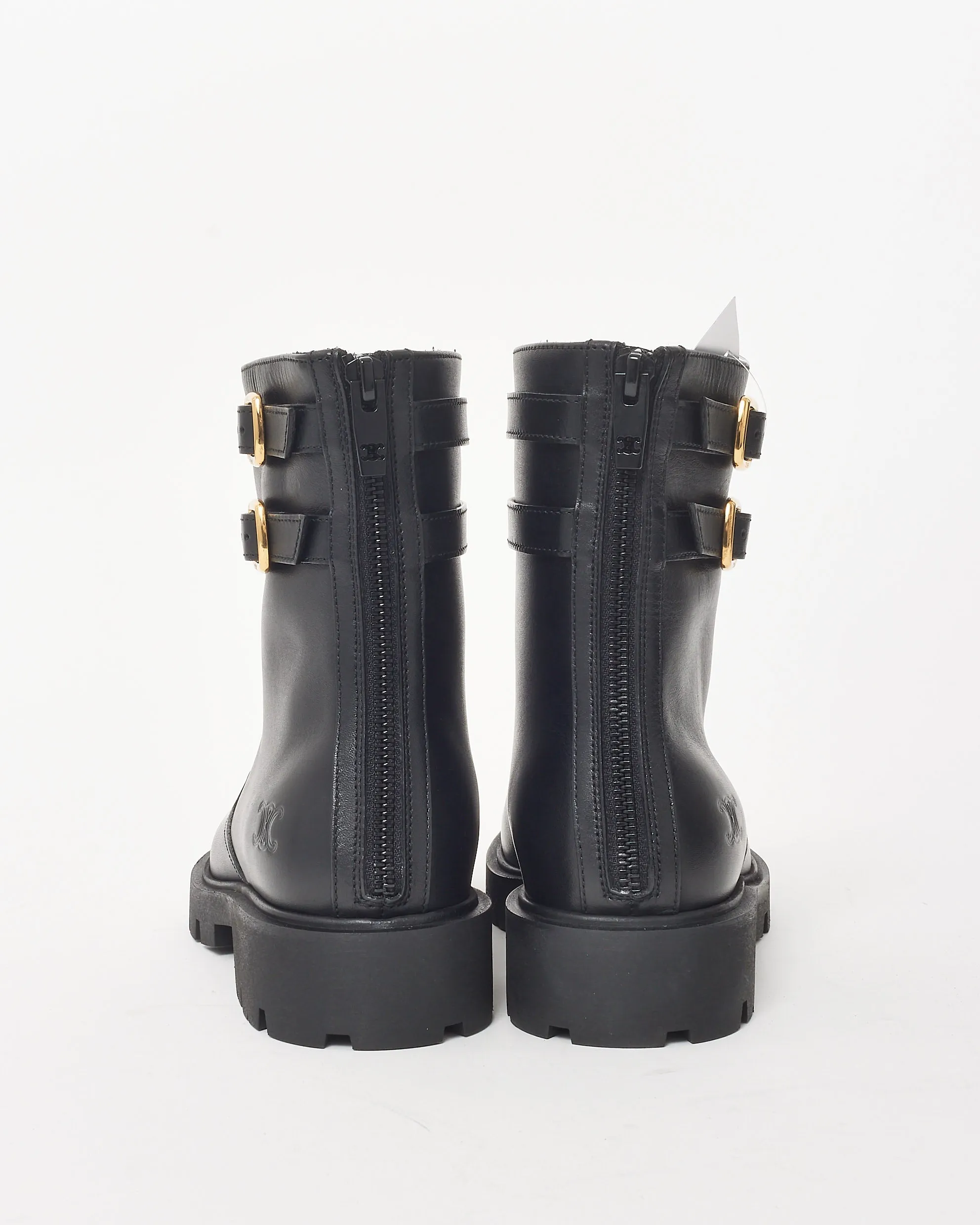 Celine Black Calfskin Leather Double Buckle Triomphe Margaret Boots - 36.5