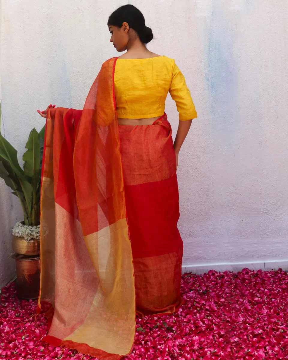 Chandni Red Handwoven Linen Zari Saree - Eknoor