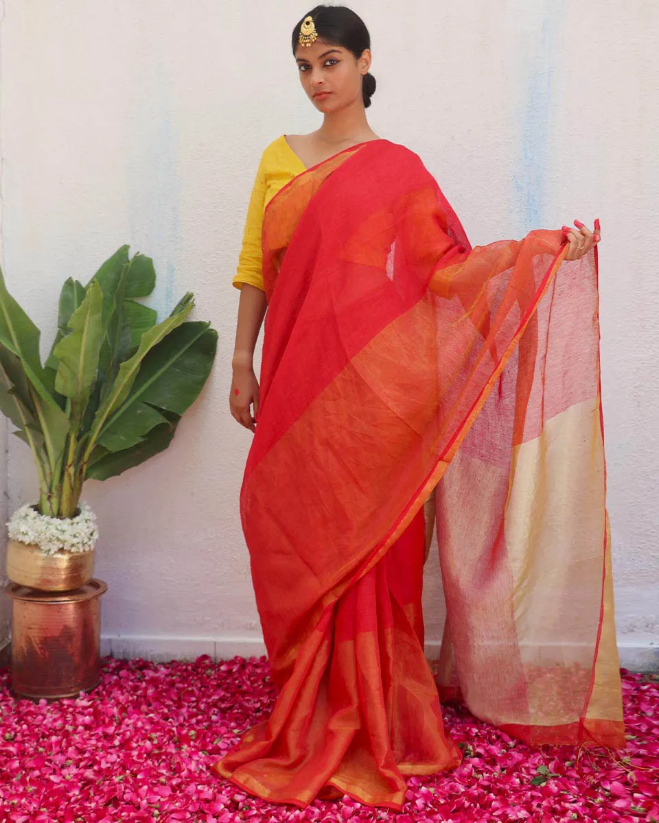 Chandni Red Handwoven Linen Zari Saree - Eknoor