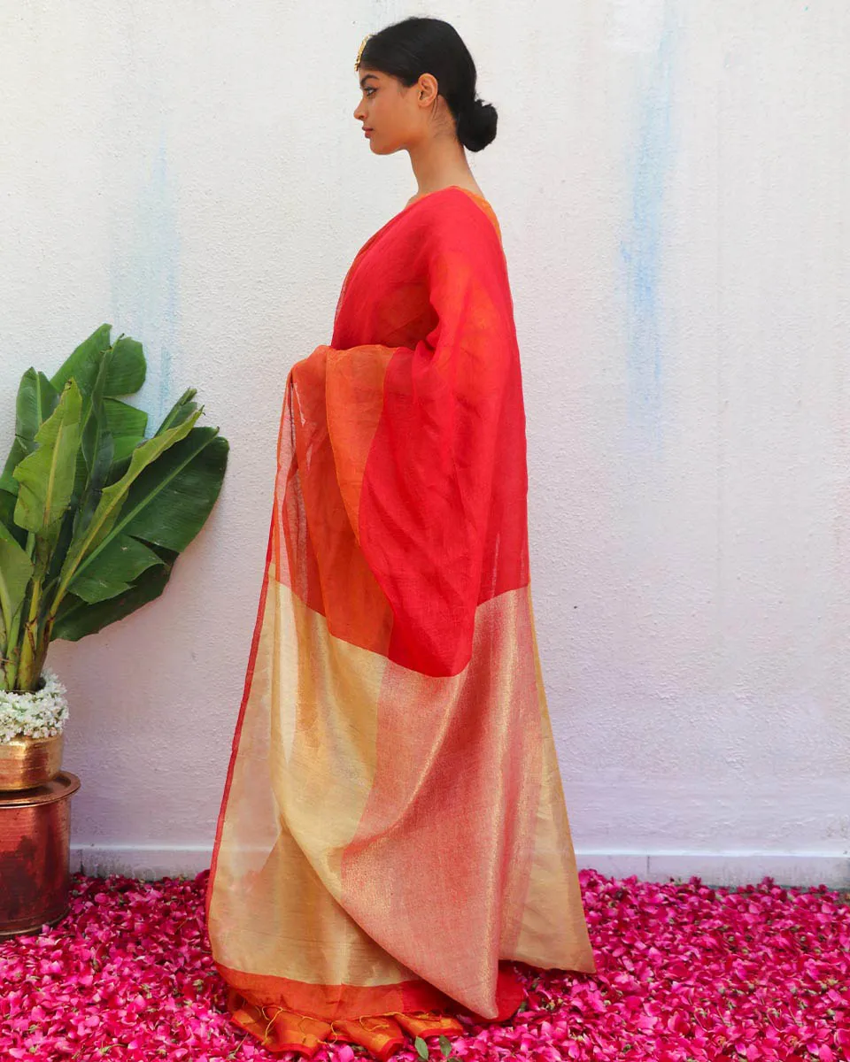 Chandni Red Handwoven Linen Zari Saree - Eknoor