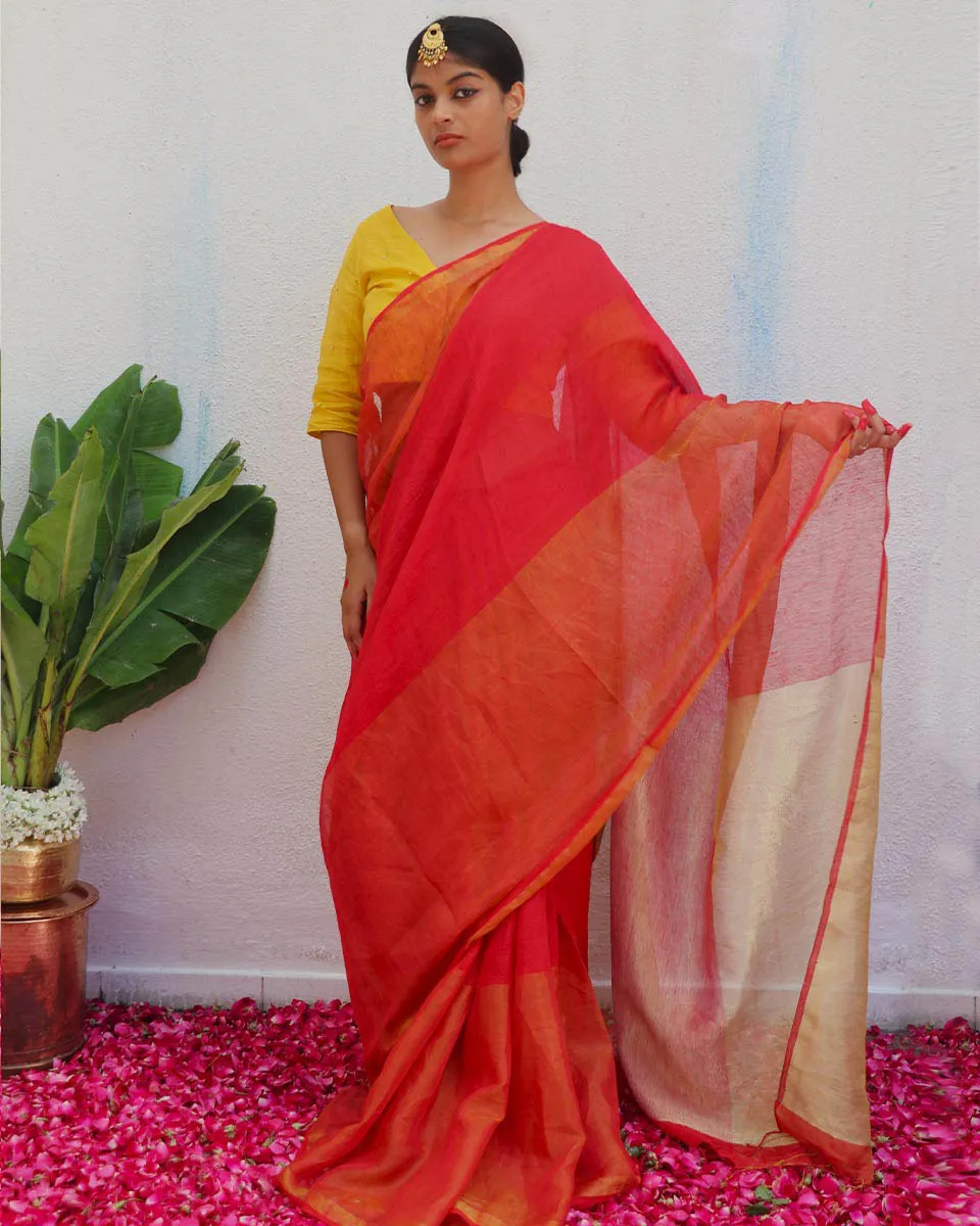 Chandni Red Handwoven Linen Zari Saree - Eknoor
