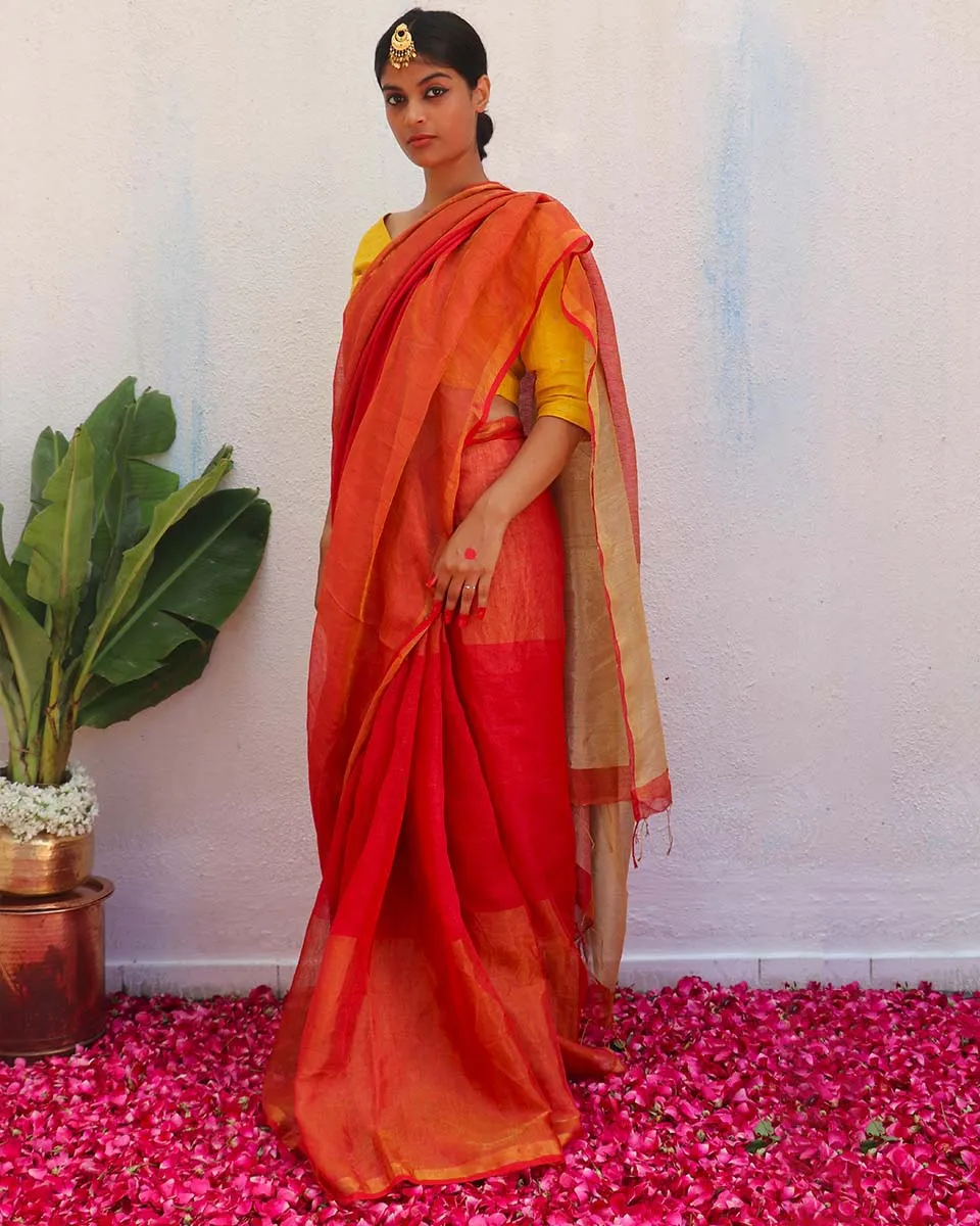 Chandni Red Handwoven Linen Zari Saree - Eknoor