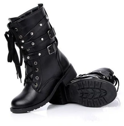 COSMAGIC 2017 New Women Buckle Winter Motorcycle Martin Boots British Style Gothic Punk Low Heel Black Boot Shoe Plus Size