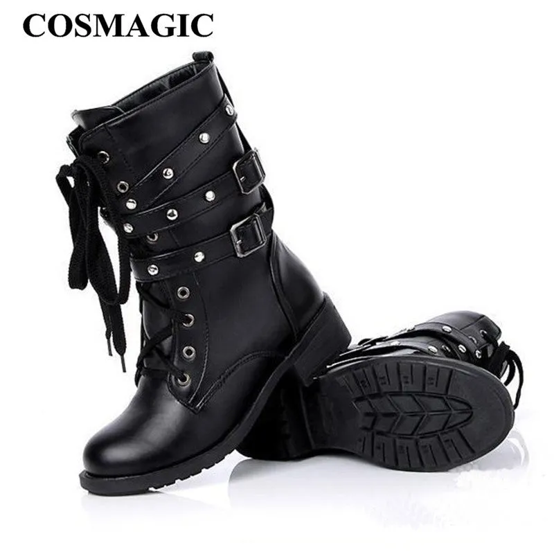 COSMAGIC 2017 New Women Buckle Winter Motorcycle Martin Boots British Style Gothic Punk Low Heel Black Boot Shoe Plus Size
