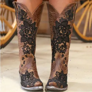 Country cowboy Embroidery boots for women casual mid-calf dress boots