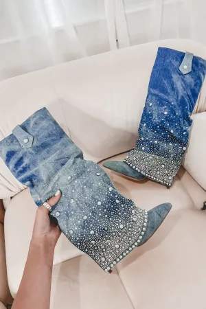 DEAL My Western Side Is Sparkling Denim Rhinestone Boots