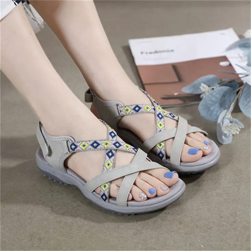 Ethnic Style Cross Strap Velcro Cozy Walking Sandals for Women