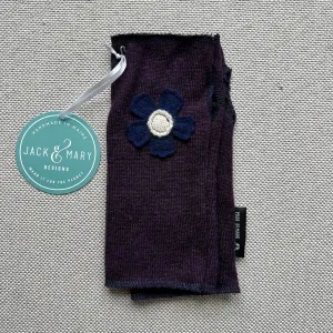 Fingerless Mittens Short, Plum Merino Wool with Navy Flower 110