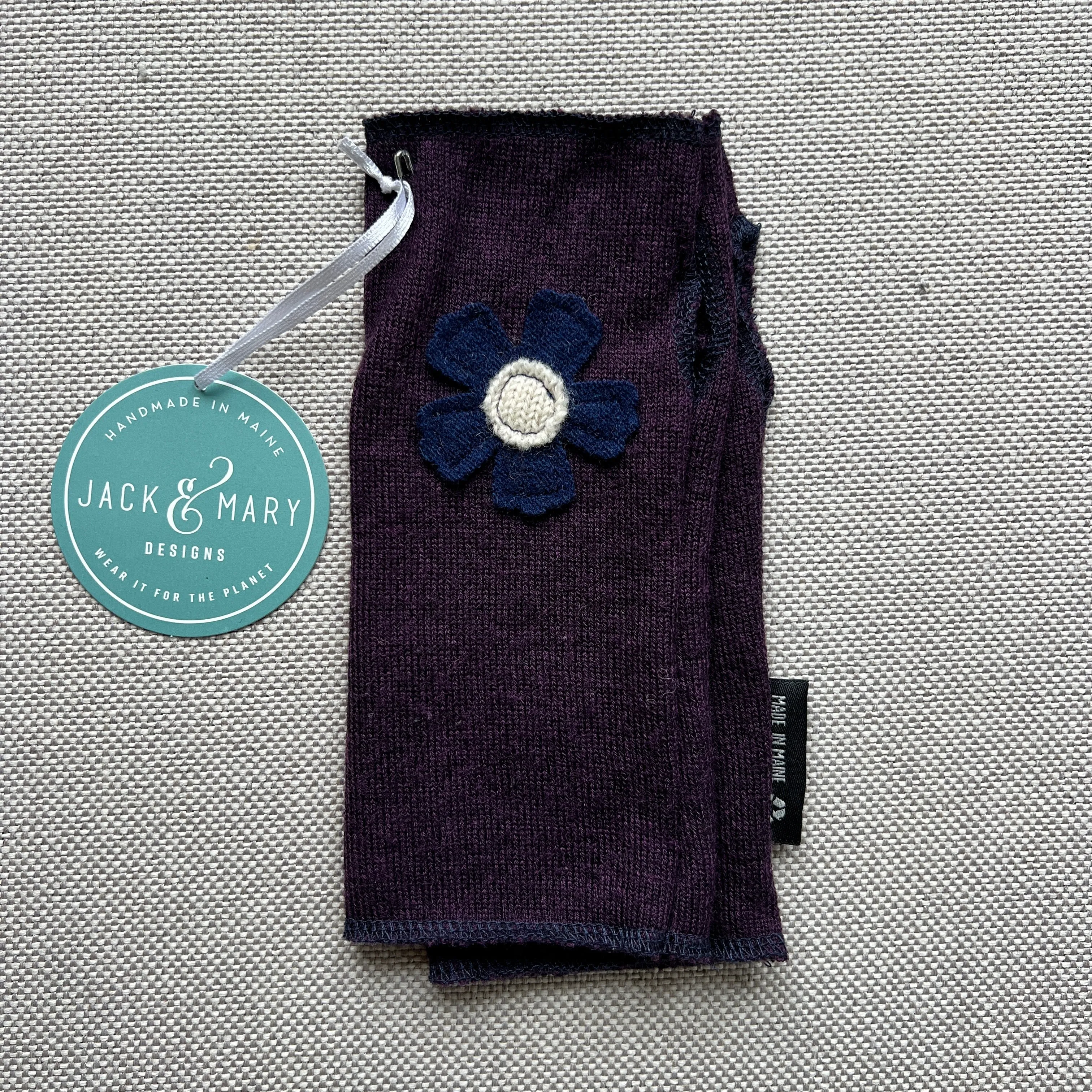 Fingerless Mittens Short, Plum Merino Wool with Navy Flower 110
