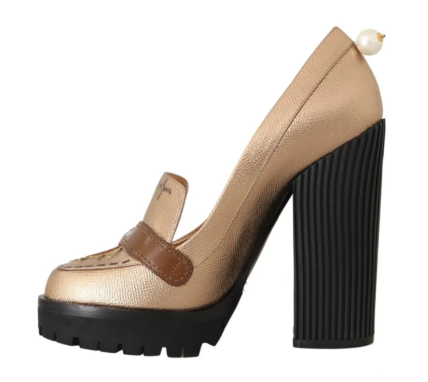 Gold Leather Heart Platform Moccasins