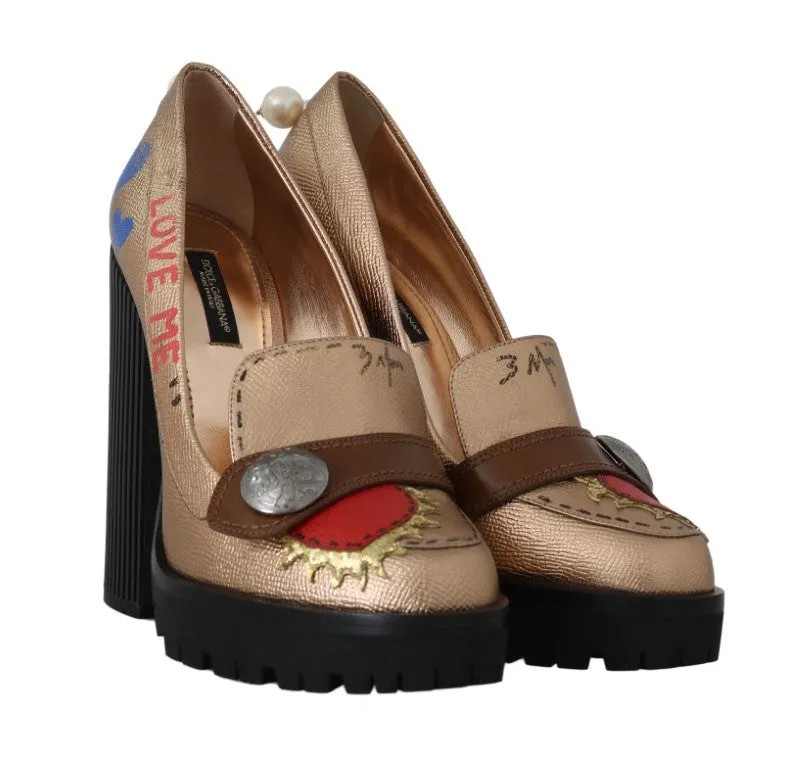 Gold Leather Heart Platform Moccasins