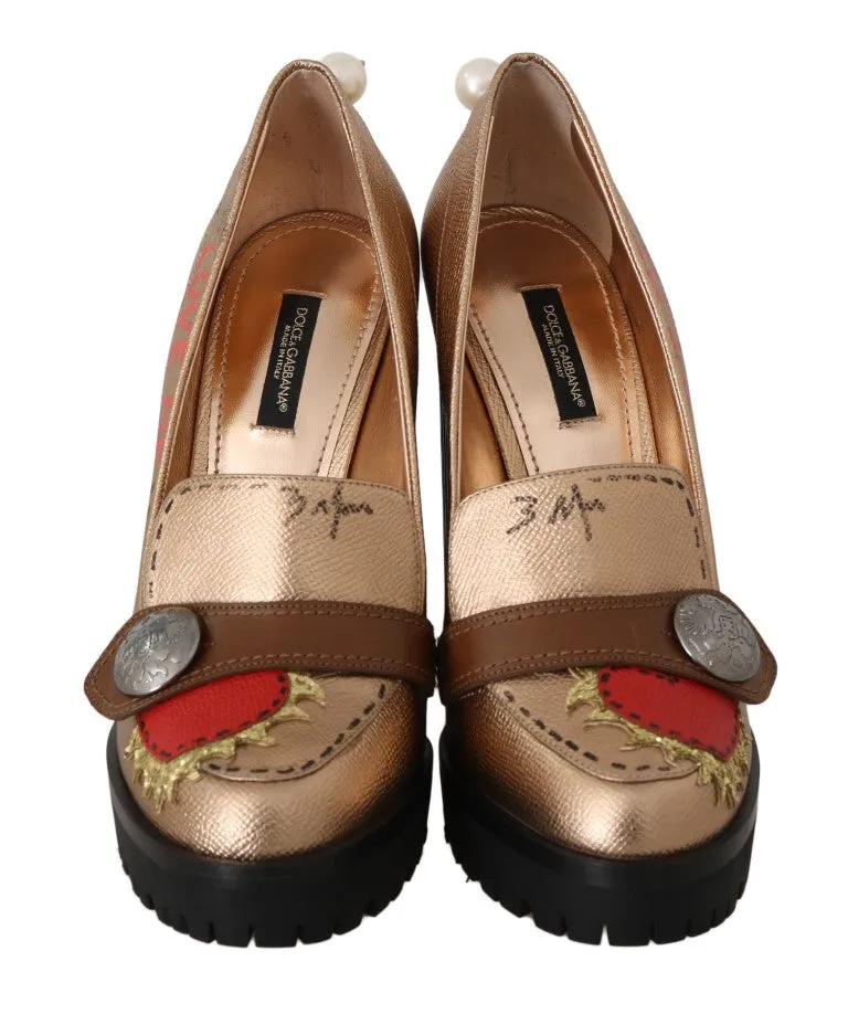 Gold Leather Heart Platform Moccasins