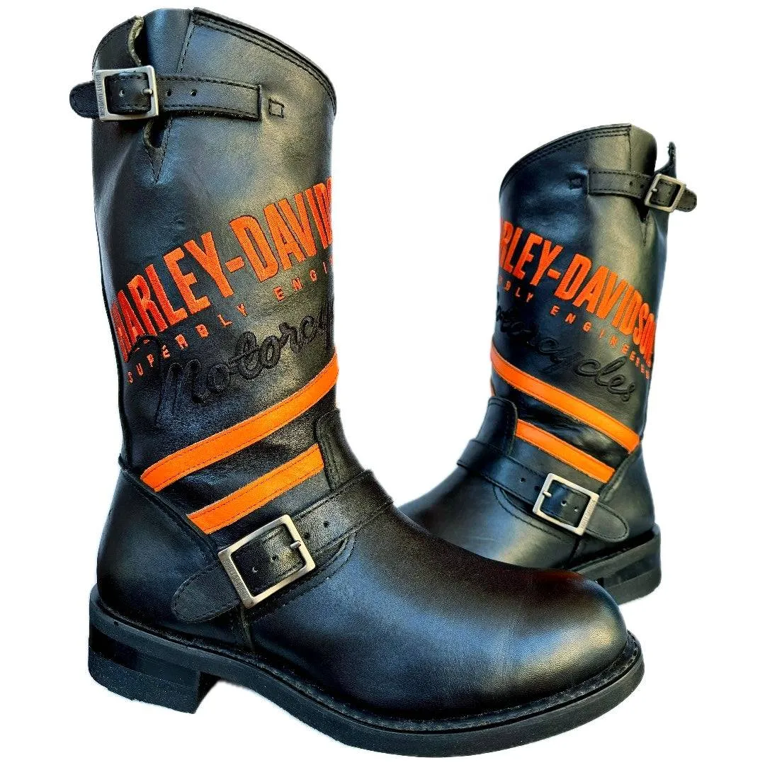 HARLEY-DAVIDSON Vintage Harness Buckle Tall Black Leather Biker Moto Motorcycle Boots