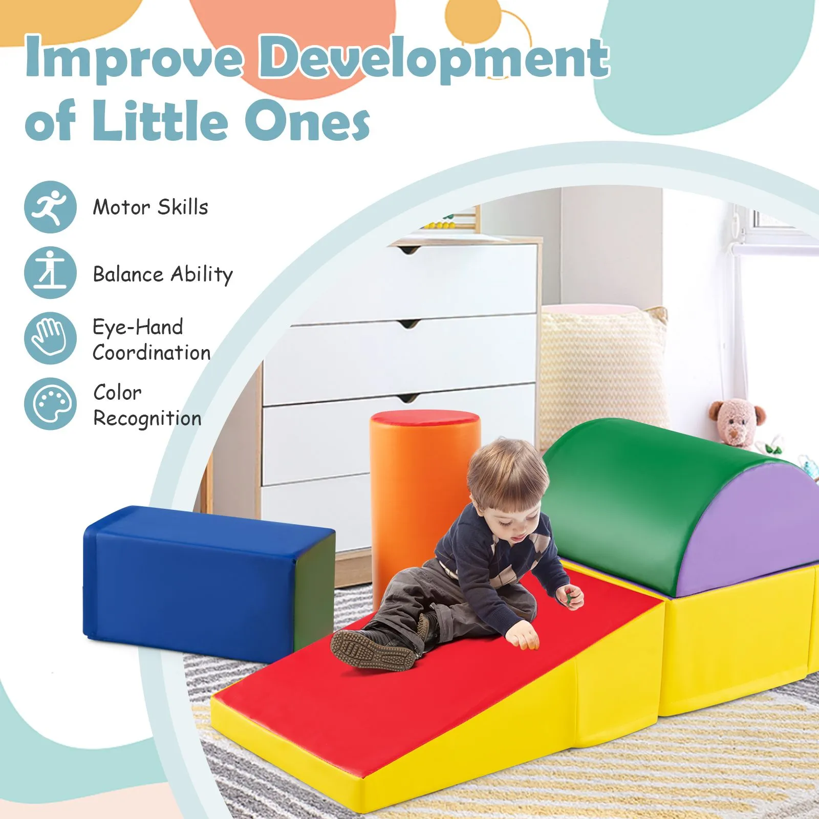 Indoor Soft Play Equipment | Montessori 5 Piece Foam Play Set | Soft Play Slide | Multi coloured 9m -3 years