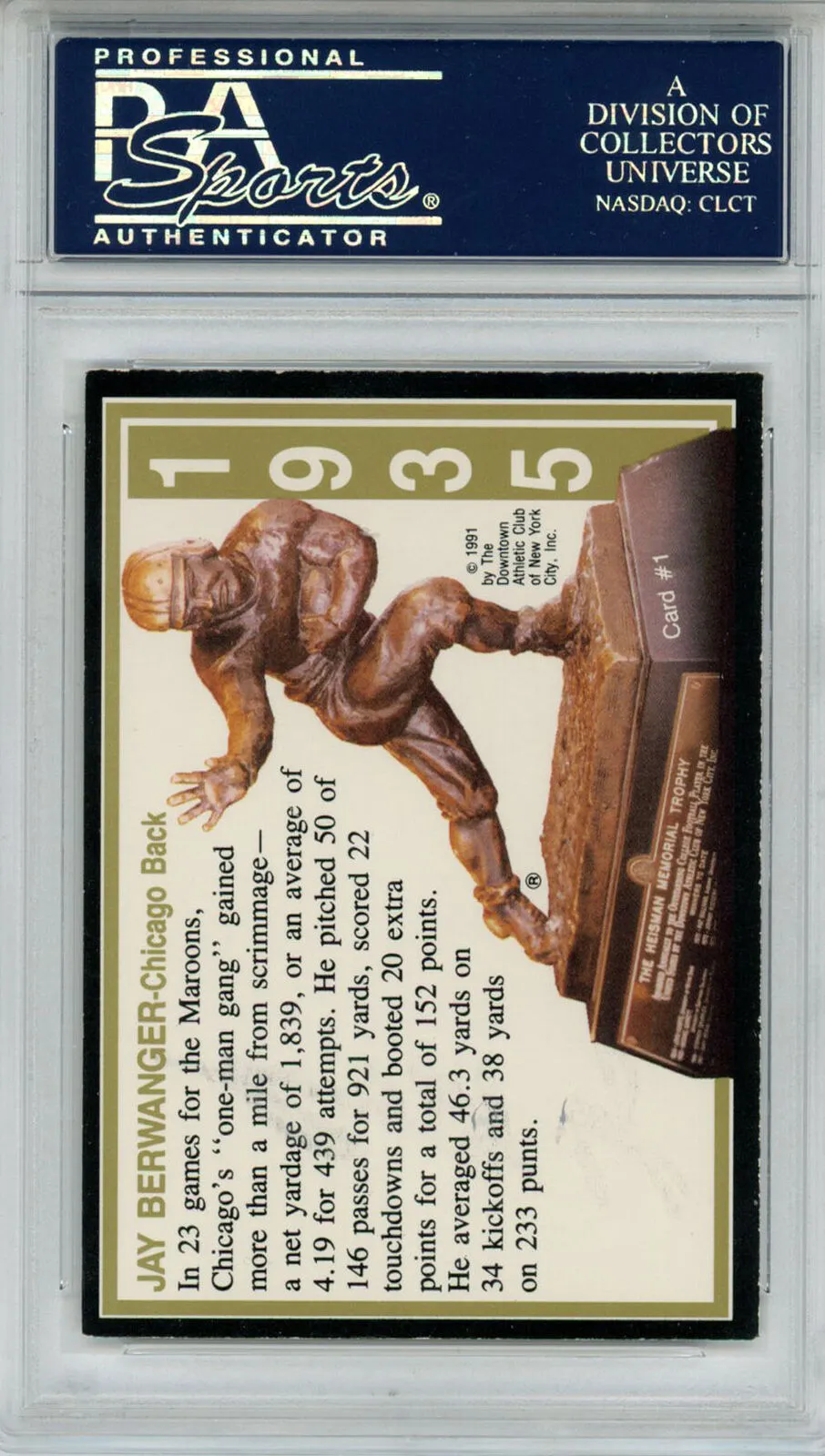 Jay Berwanger Signed 1991 Downtown Athletic Club #1 Card PSA Slab 42626