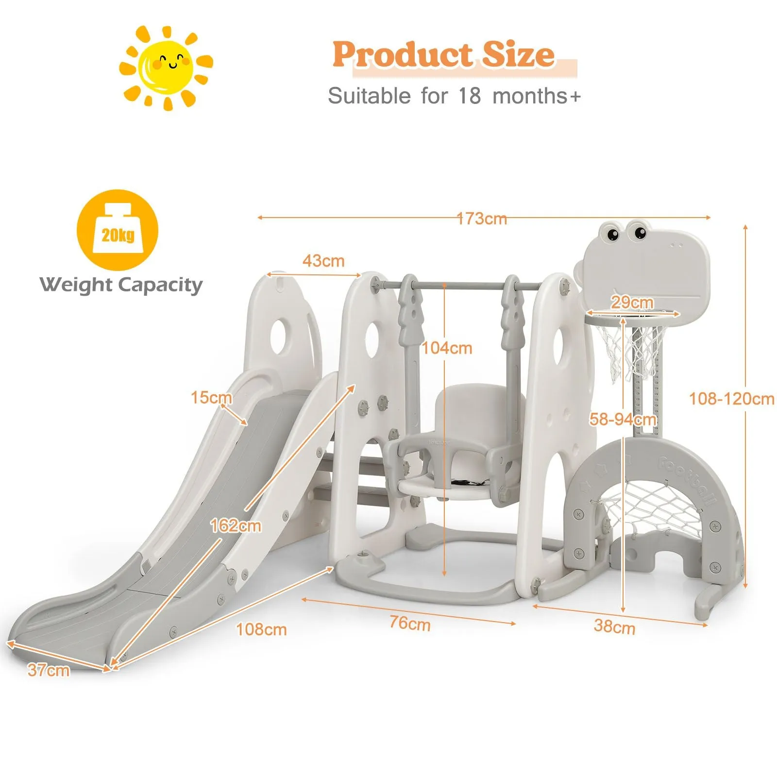 Kids Montessori Play Swing & Slide Set | Basketball | Indoor Outdoor | 3 colours | 18m 