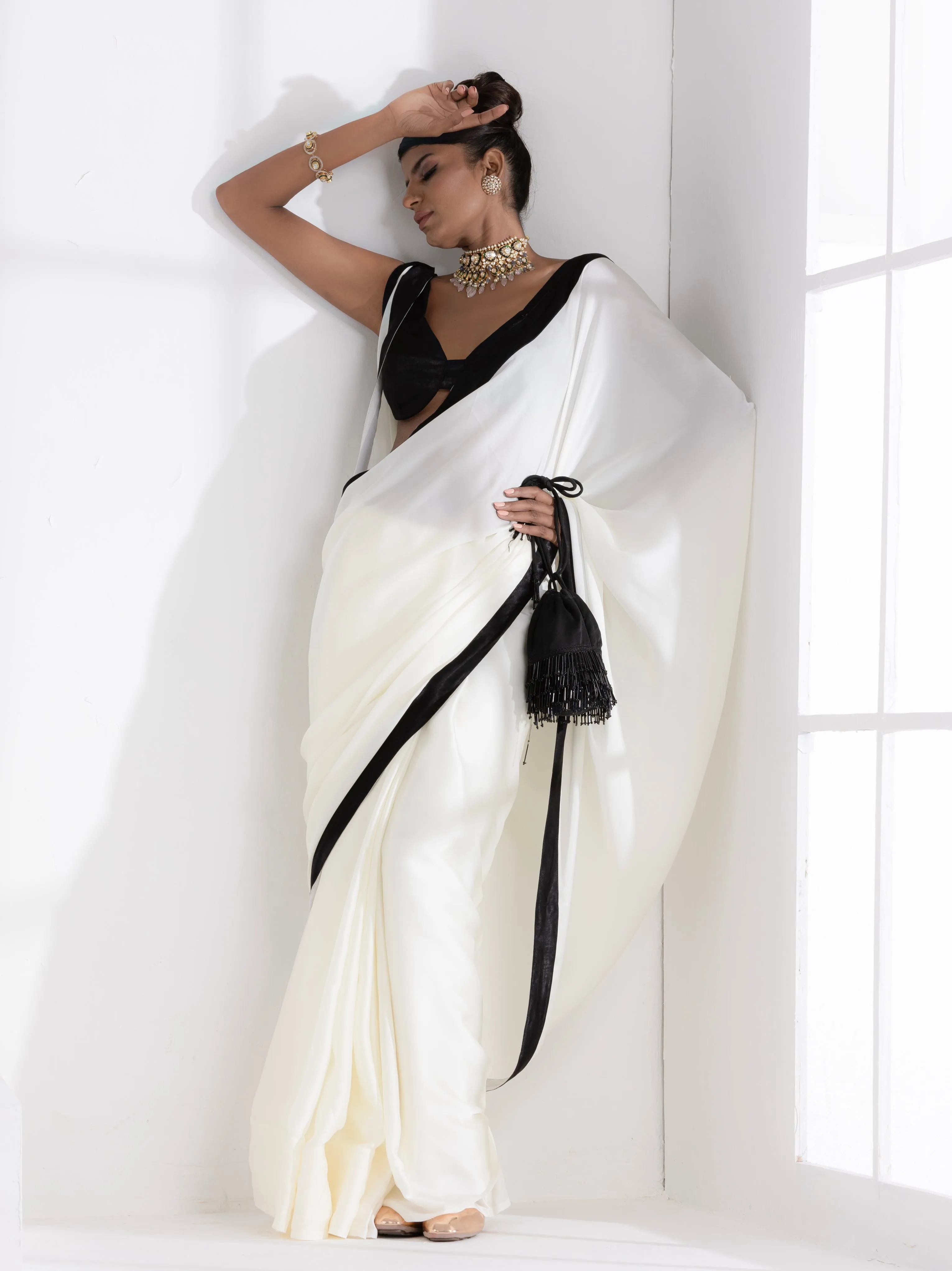 Magnolia Cream Satin Saree with Black Posh Border & Blouse Fabric