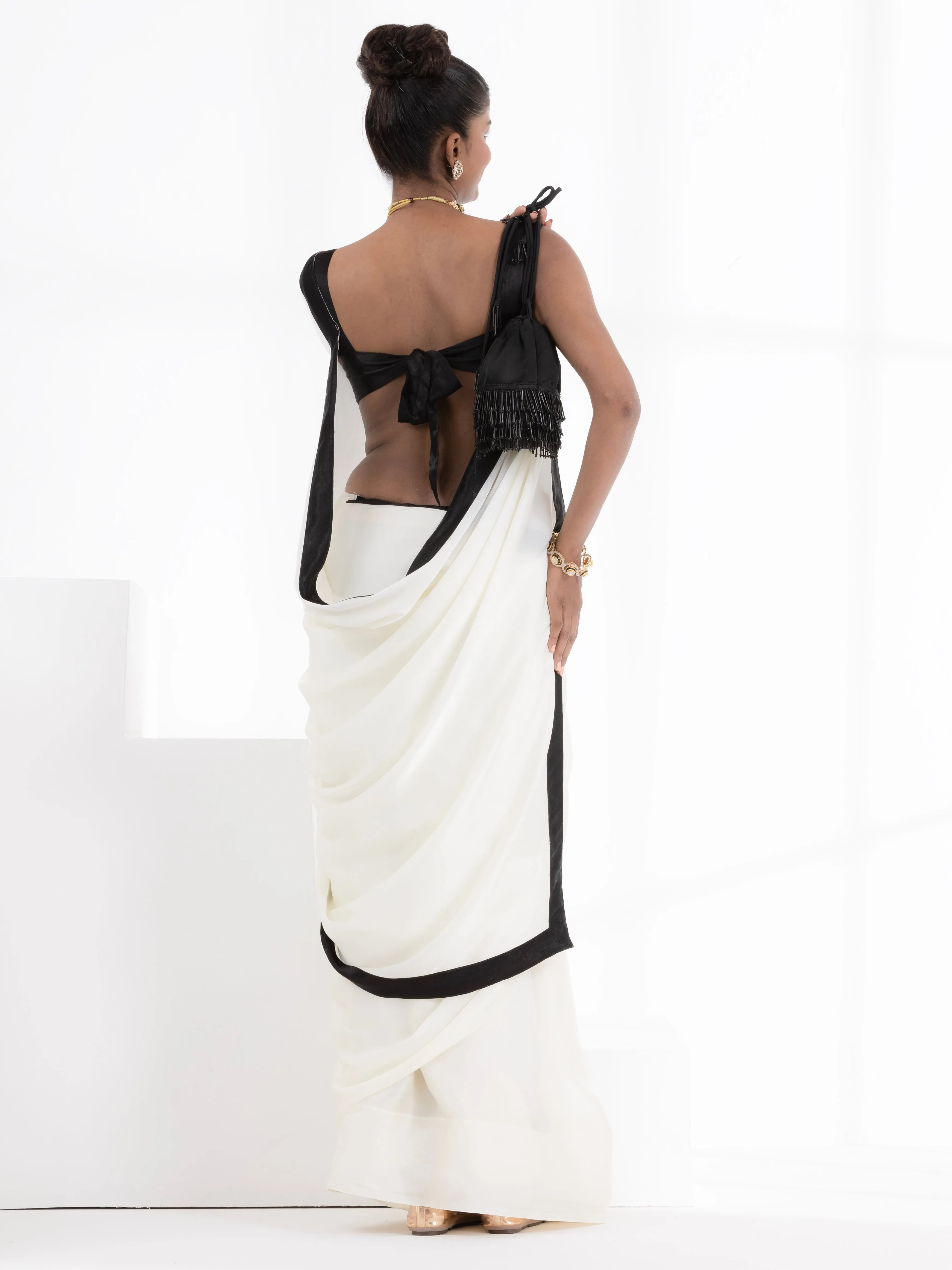 Magnolia Cream Satin Saree with Black Posh Border & Blouse Fabric