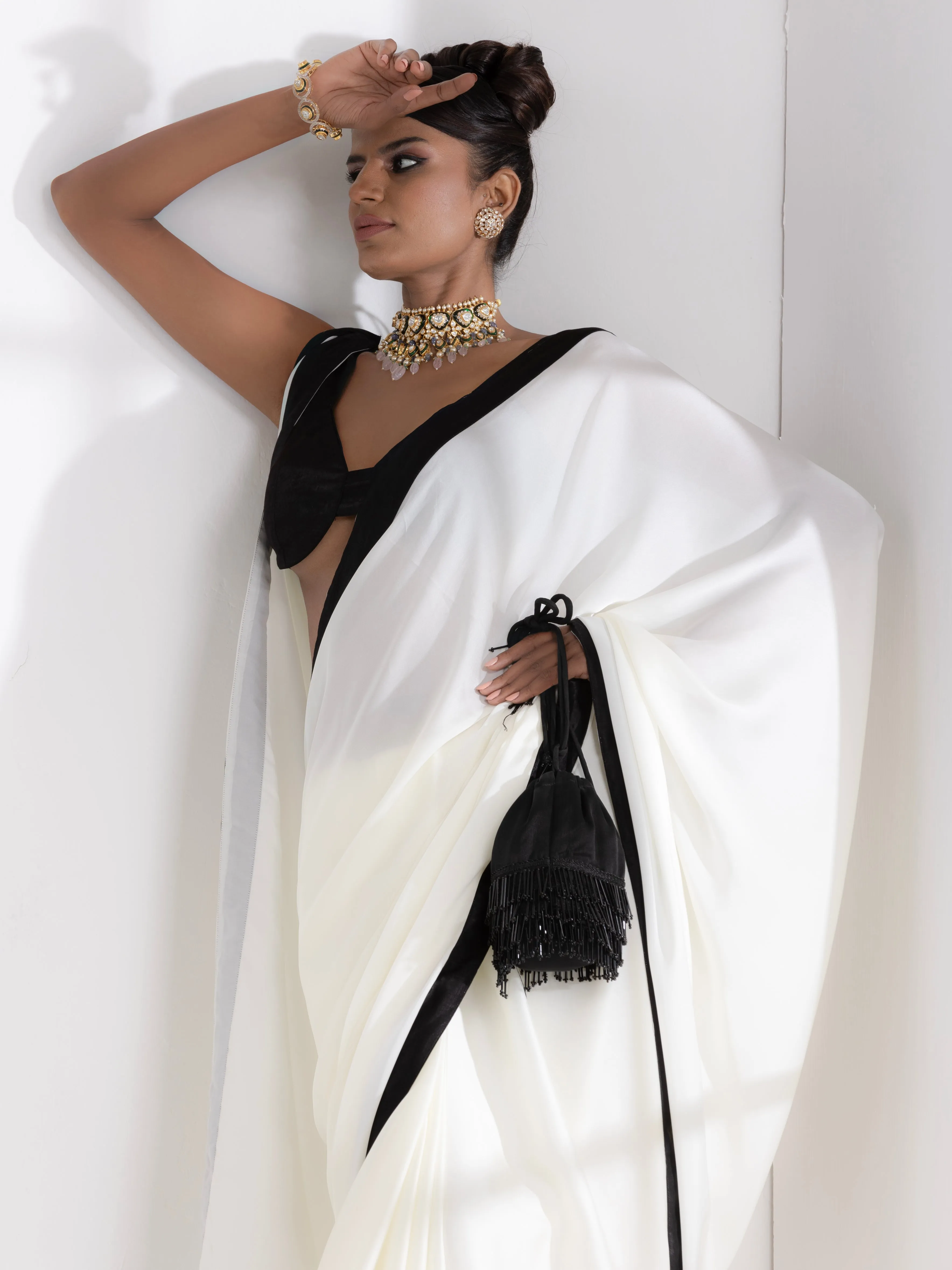 Magnolia Cream Satin Saree with Black Posh Border & Blouse Fabric