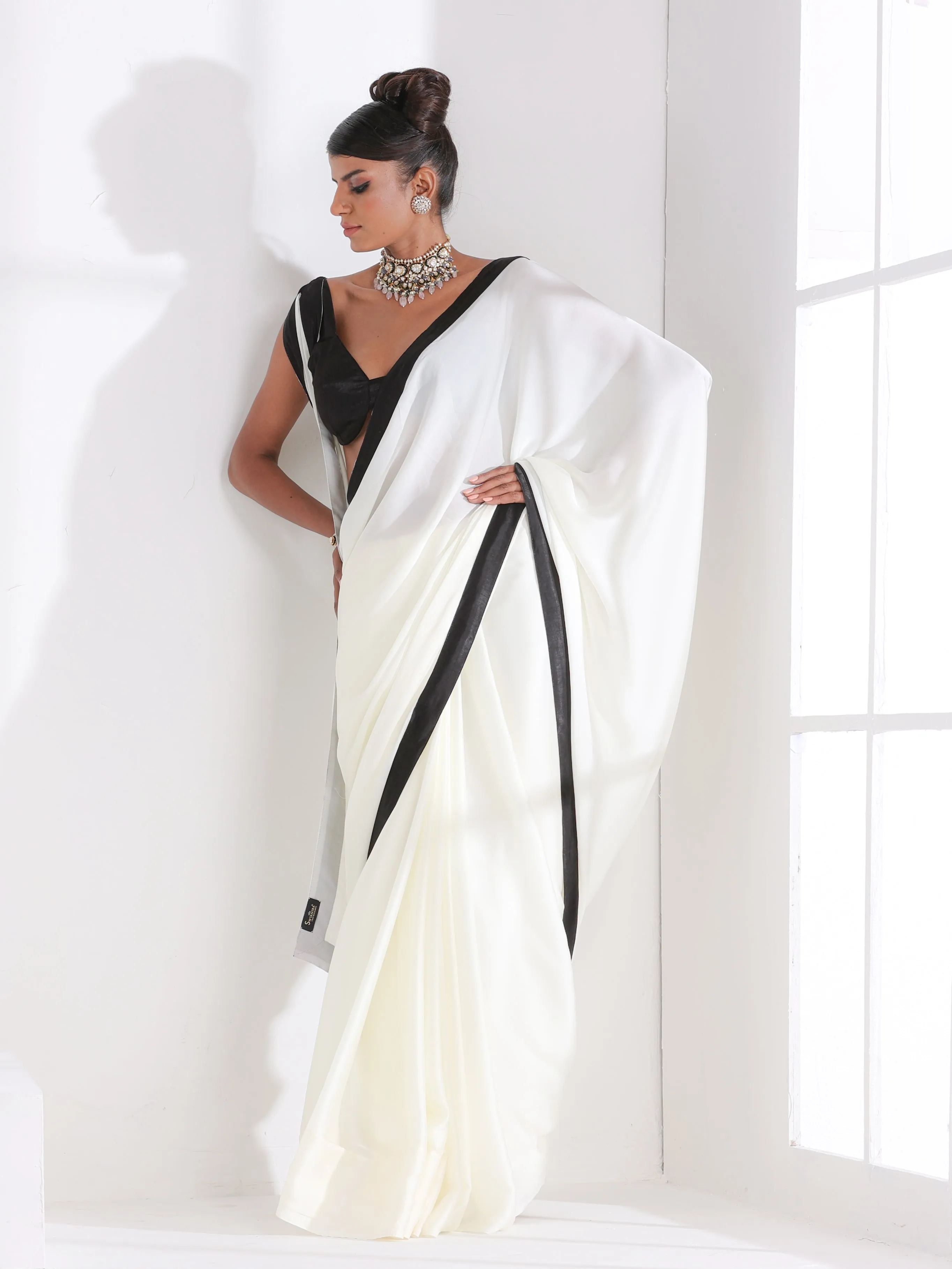 Magnolia Cream Satin Saree with Black Posh Border & Blouse Fabric