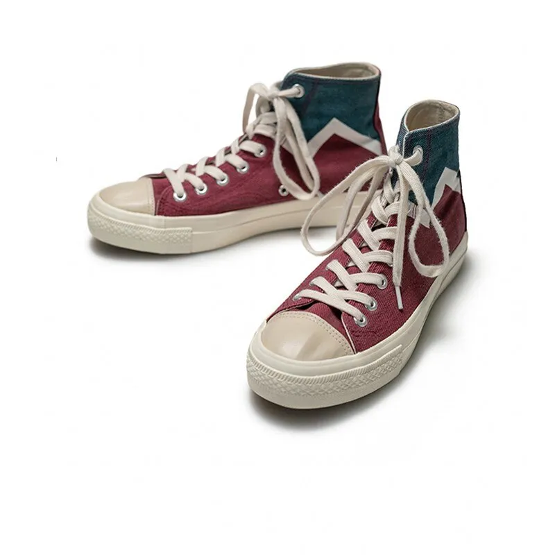 Men Mixed Color Splice Canvas Shoes  Lace Up High Top Flat