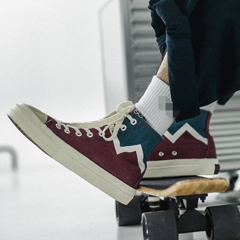 Men Mixed Color Splice Canvas Shoes  Lace Up High Top Flat
