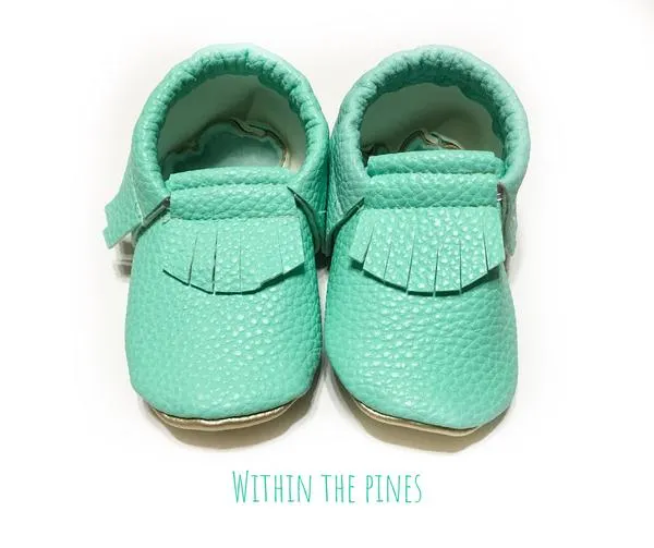 Mint Green Leather Fringe Moccasins