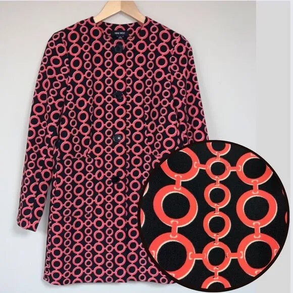 NINE WEST Jacket Women’s 2 Trench Black Orange Geometric Chain Button Front