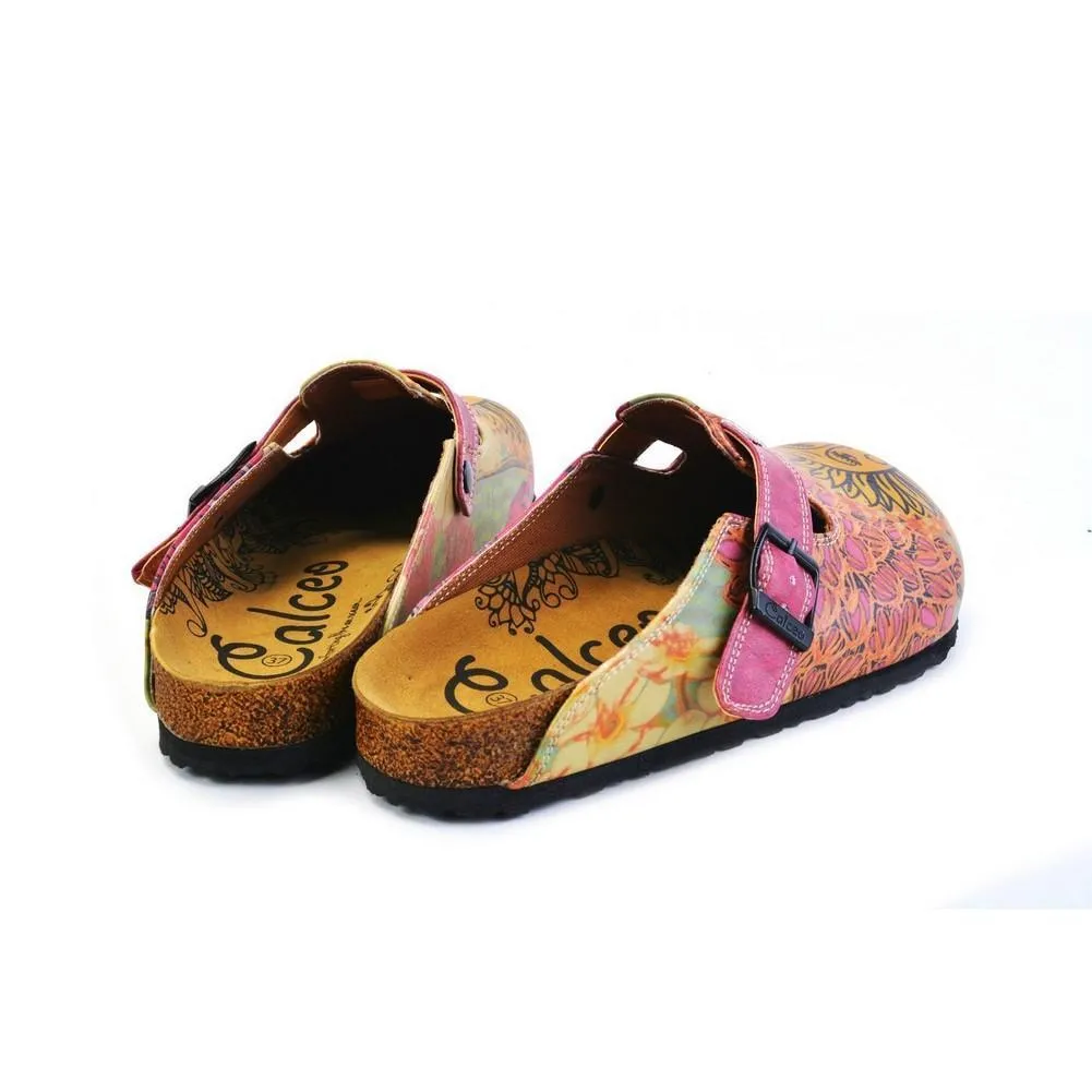 Orange, Purple, Yellow Flowers and Yellow Sun Patterned Clogs - CAL368