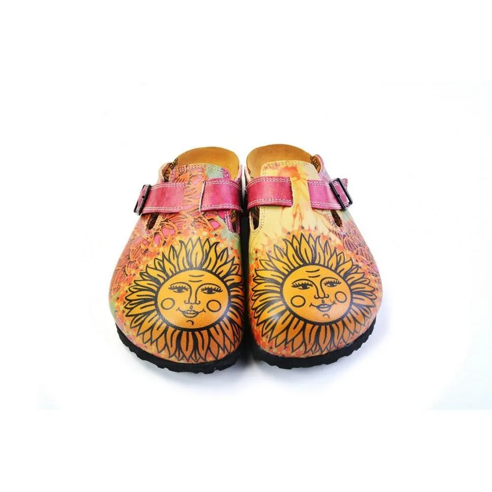 Orange, Purple, Yellow Flowers and Yellow Sun Patterned Clogs - CAL368