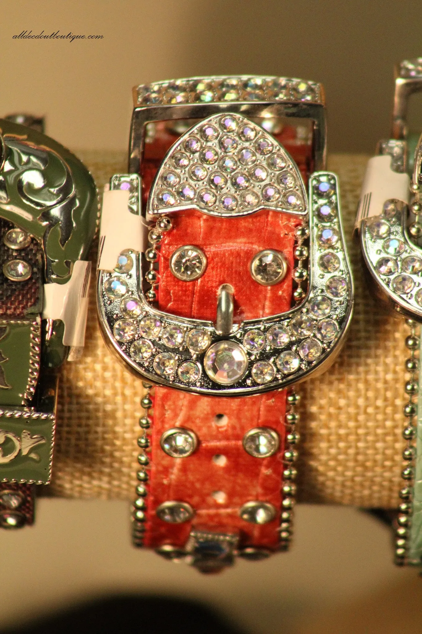Pink/White Silver Studs & Clear Rhinestones | Leather Band with Buckle Clasp