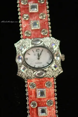 Pink/White Silver Studs & Clear Rhinestones | Leather Band with Buckle Clasp