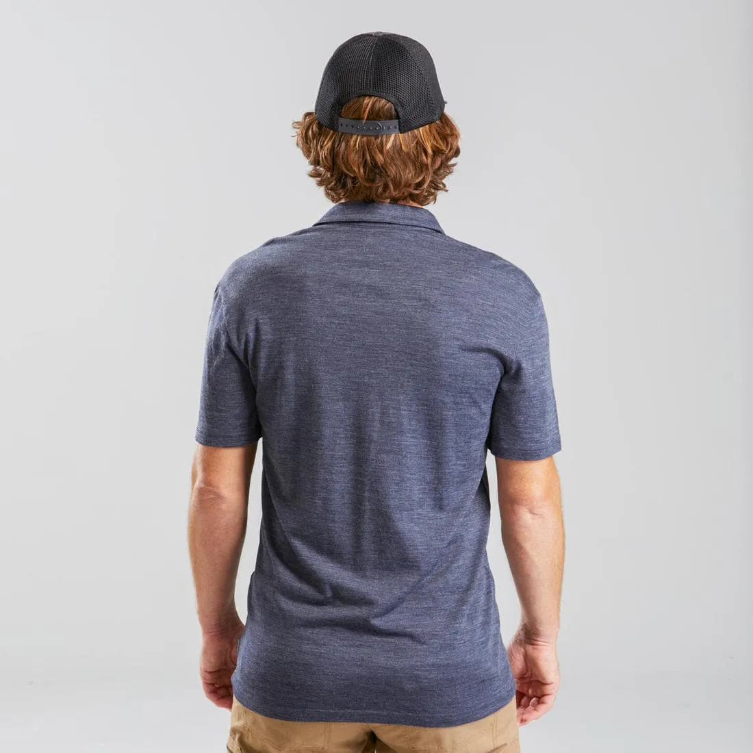Polo laine mérinos de trek voyage - TRAVEL 500 bleu homme